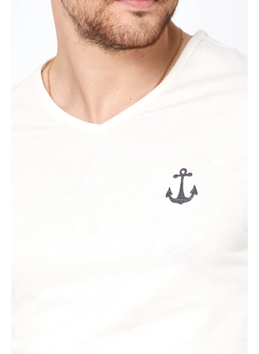 MRS Clothing Anchor Embroidered V-Neck Short Sleeve Basic White Men's T-Shirt