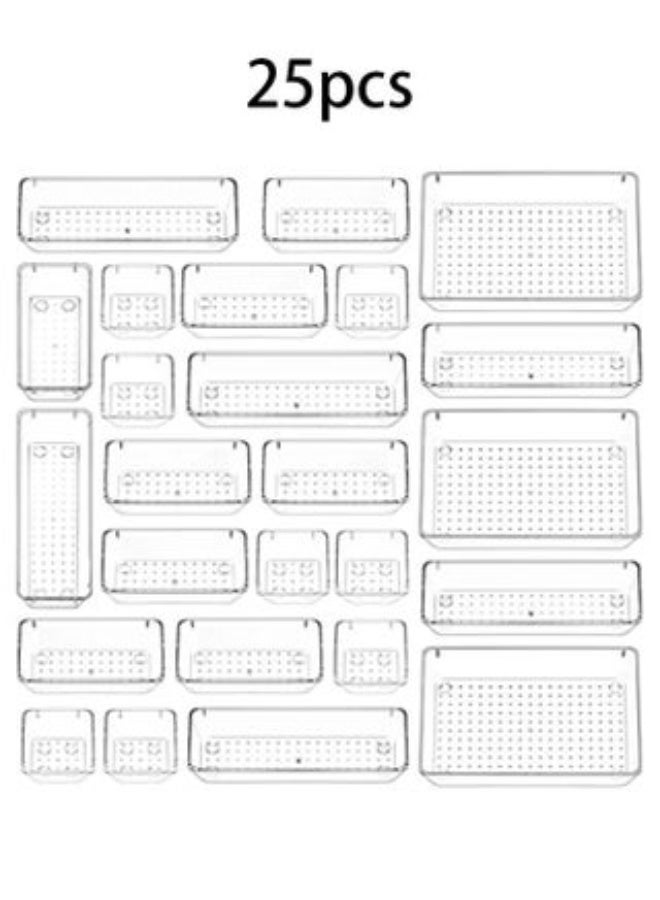 Denzoz 25 Pcs Desk Drawer Organizers Trays Set Clear Plastic Storage Bins Bathroom Drawer Tray Dividers Vanity Trays Organizer for Bedroom Dresser Makeup Kitchen Utensil Office - Image 1
