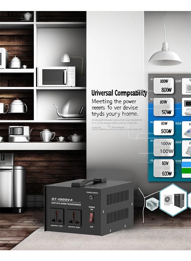 رات سو محول جهد بقدرة 1000 واط، لتحويل بين 110V/120V/220V/240V تصاعديًا وتنازليًا، مزود بمقبس عالمي للاستخدام المنزلي  - Image 4