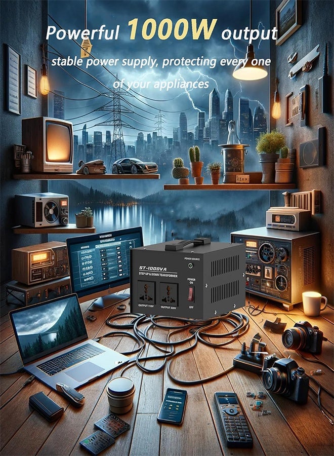 رات سو محول جهد بقدرة 1000 واط، لتحويل بين 110V/120V/220V/240V تصاعديًا وتنازليًا، مزود بمقبس عالمي للاستخدام المنزلي  - Image 2