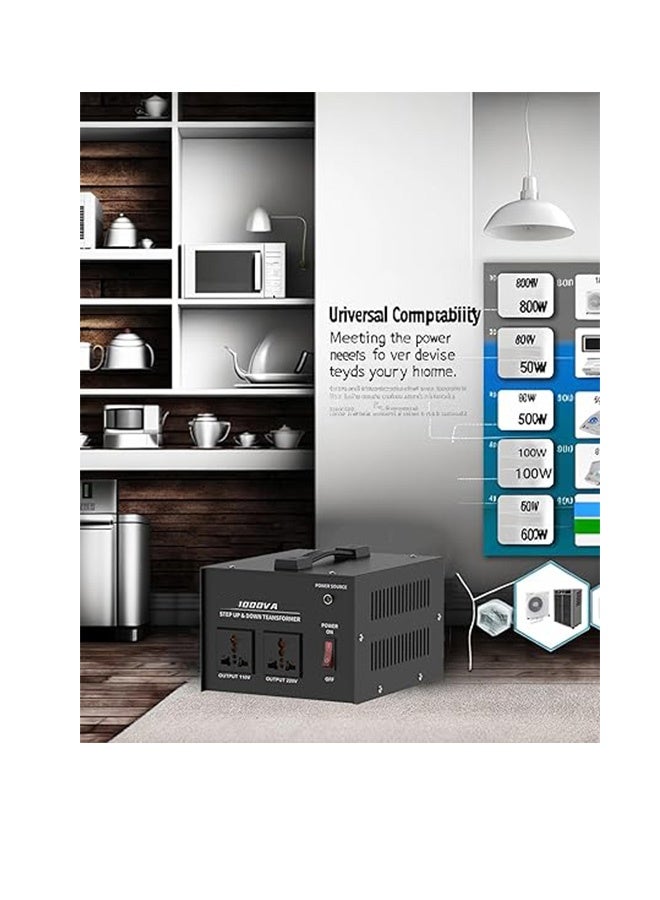 محول جهد بقدرة 1000 واط، لتحويل بين 110V/120V/220V/240V تصاعديًا وتنازليًا، مزود بمقبس عالمي للاستخدام المنزلي - Image 4