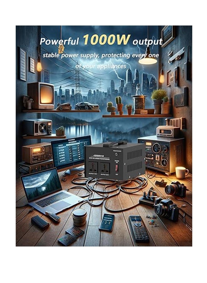محول جهد بقدرة 1000 واط، لتحويل بين 110V/120V/220V/240V تصاعديًا وتنازليًا، مزود بمقبس عالمي للاستخدام المنزلي - Image 2