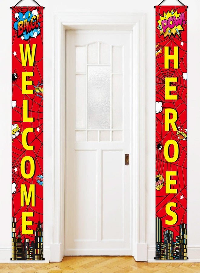 MinFyberd Red Spider Web Door Decorations Welcome Hero Porch Signs Spiders Banners Welcome Hanging Decoration Spider Web Door Banners for Super Fun Hero Party Wall Decor Classroom Outdoor Indoor Sign - Image 1