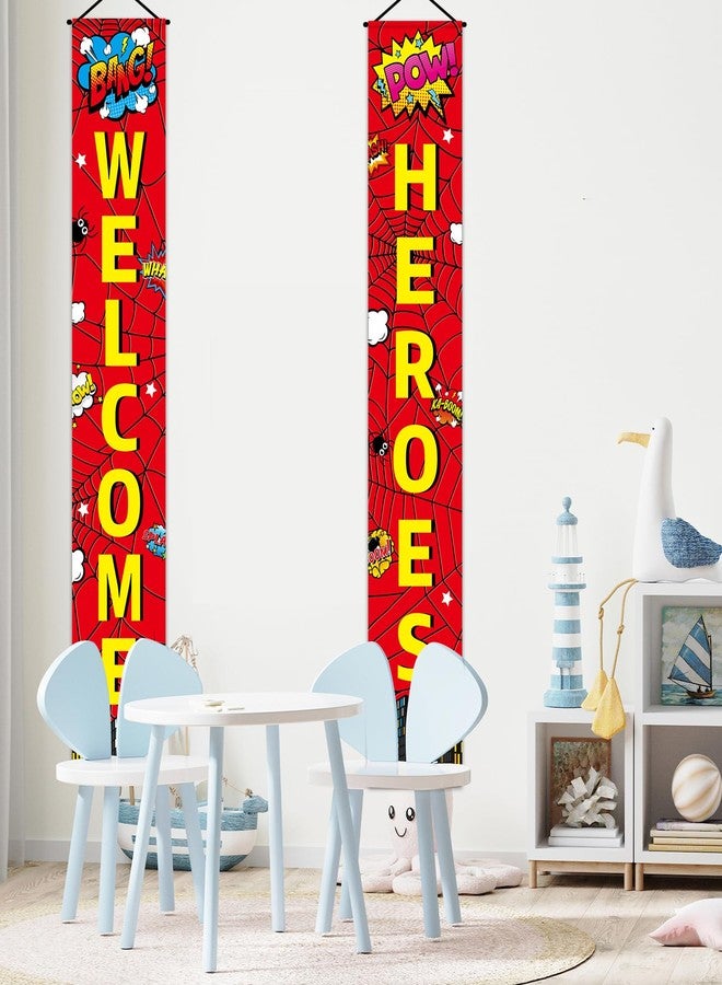 MinFyberd Red Spider Web Door Decorations Welcome Hero Porch Signs Spiders Banners Welcome Hanging Decoration Spider Web Door Banners for Super Fun Hero Party Wall Decor Classroom Outdoor Indoor Sign - Image 3