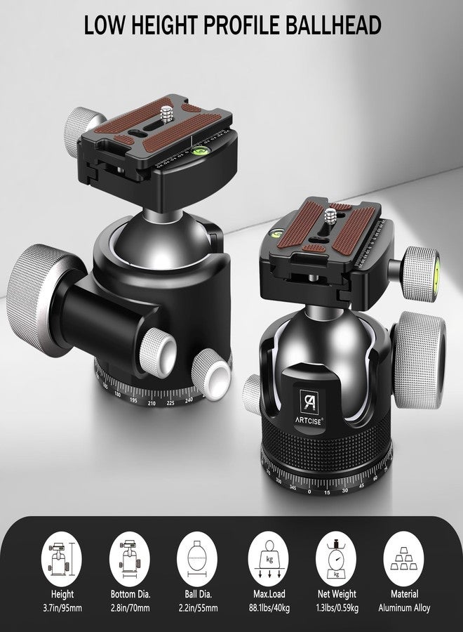 ARTCISE Low Profile Ball Head 55mm Tripod Ball Head KB55 Heavy Duty Tripod Head All Metal CNC Machining with 360° Panoramic Arca Type QR Plate for Tripod, Max Load 88lbs /40kg - Image 2