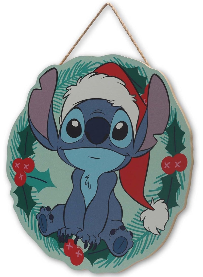 Open Road Brands Lilo and Stitch Christmas Wreath Hanging Wood Sign - Fun Stitch Holiday Wall Decor for Home Blue/Green - Image 1