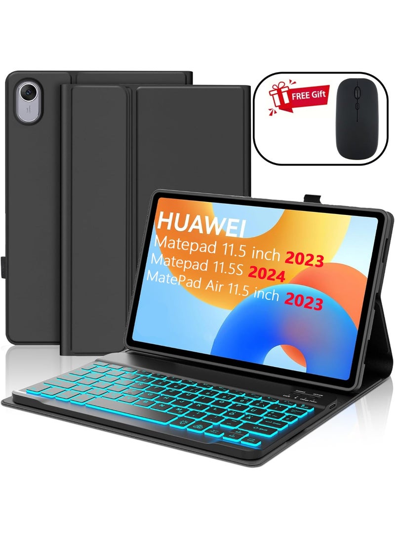 Arabic/English Keyboard Case for Huawei Matepad 11.5 inch 2023/Air 11.5 inch 2023/Matepad 11.5S 2024,  7-Color Backlight, Flip Stand Case with Pencil Holder, wireless keyboard, SAR 40 Gift Wireless Mouse, Black - Image 1