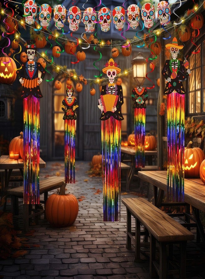MotiMind 29 Pcs Day of The Dead Decorations Sugar Skull Hanging Swirl Decorations Sugar Skull Banner with LED String Lights for Dia De Los Muertos Fiesta Party Supplies(Classic) - Image 4