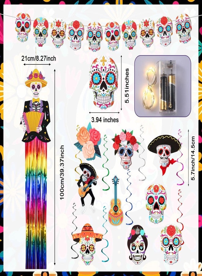 MotiMind 29 Pcs Day of The Dead Decorations Sugar Skull Hanging Swirl Decorations Sugar Skull Banner with LED String Lights for Dia De Los Muertos Fiesta Party Supplies(Classic) - Image 2