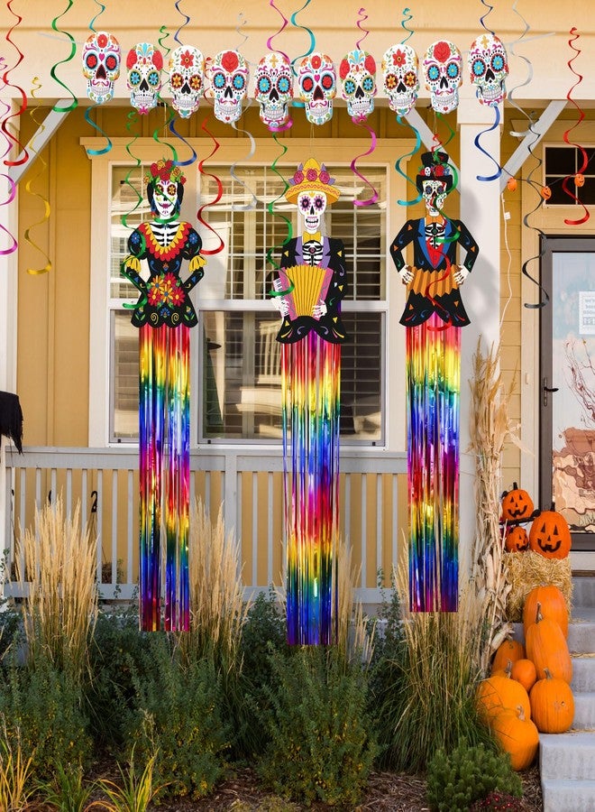 MotiMind 29 Pcs Day of The Dead Decorations Sugar Skull Hanging Swirl Decorations Sugar Skull Banner with LED String Lights for Dia De Los Muertos Fiesta Party Supplies(Classic) - Image 5