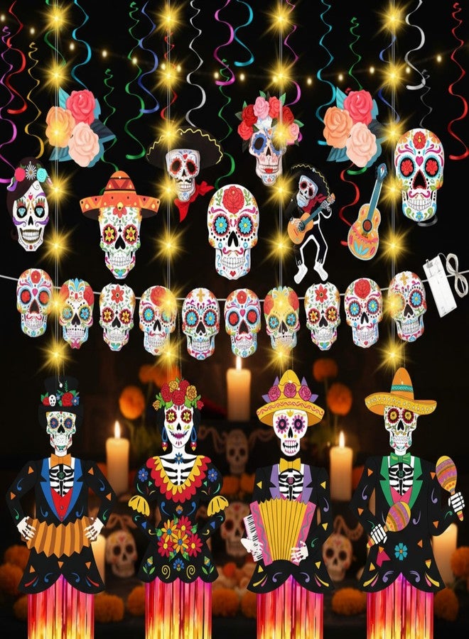 MotiMind 29 Pcs Day of The Dead Decorations Sugar Skull Hanging Swirl Decorations Sugar Skull Banner with LED String Lights for Dia De Los Muertos Fiesta Party Supplies(Classic) - Image 1