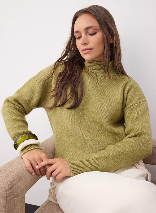 trendyol Wardrobe Essentials Fat Green Wool Blend Wide Fit Soft Textured Knitwear Sweater | - Image 1