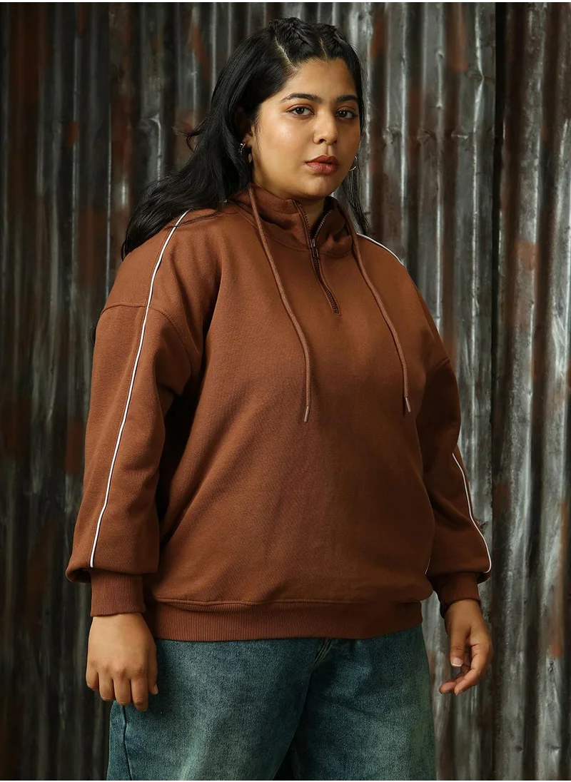 HIGH STAR Women's Brown Cotton Blend Solid Sweatshirt