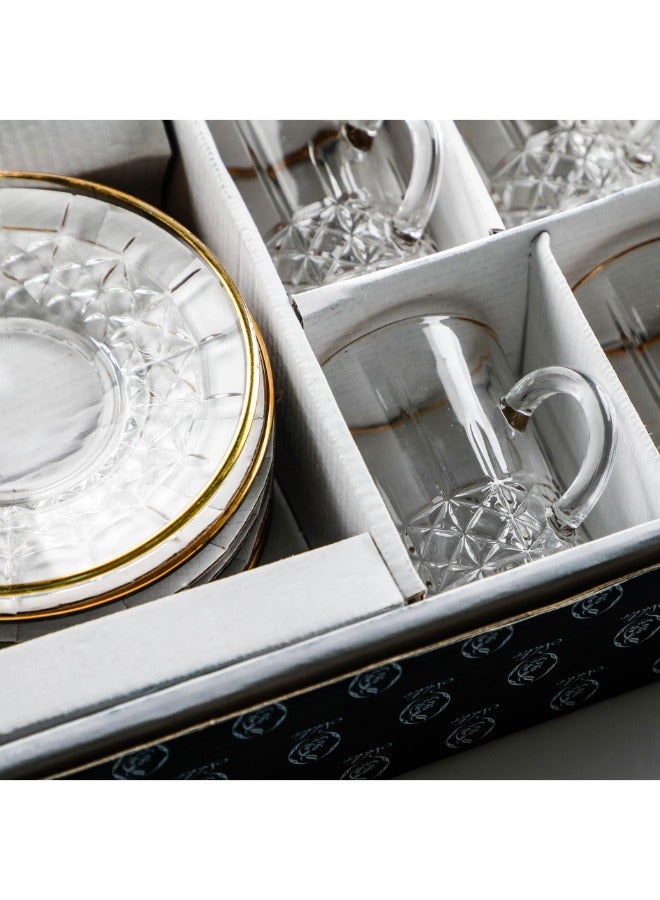 سوليتير طقم بيالات شاي شفافة مصنوعة من الزجاج مكون من 6 بيالات و6 صحون تابعة لها بلون ذهبي - Image 5