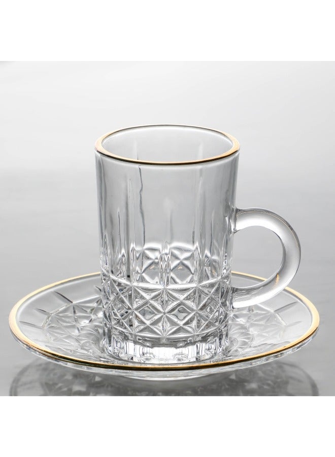 سوليتير طقم بيالات شاي شفافة مصنوعة من الزجاج مكون من 6 بيالات و6 صحون تابعة لها بلون ذهبي - Image 2