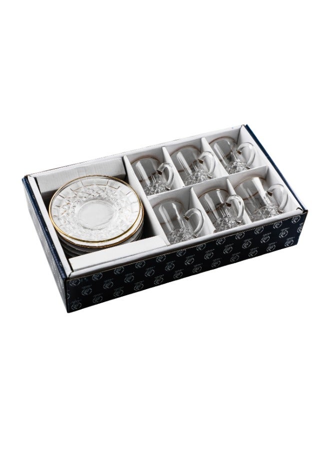 سوليتير طقم بيالات شاي شفافة مصنوعة من الزجاج مكون من 6 بيالات و6 صحون تابعة لها بلون ذهبي - Image 1