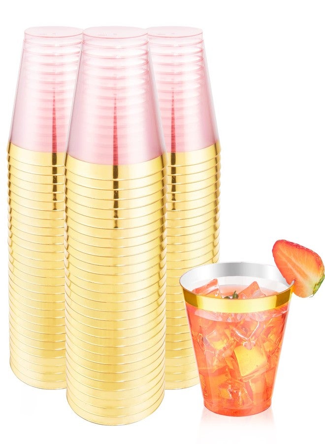 LUODA 150 PCS Pink Plastic Cups,9 oz Clear Disposable Cups with Gold rim, Old Fashioned Tumblers Gold Rimmed Plastic Cups for Party Decorations and Wedding - Image 1
