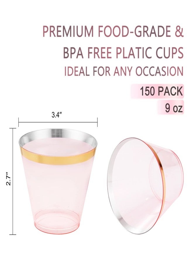 LUODA 150 PCS Pink Plastic Cups,9 oz Clear Disposable Cups with Gold rim, Old Fashioned Tumblers Gold Rimmed Plastic Cups for Party Decorations and Wedding - Image 2