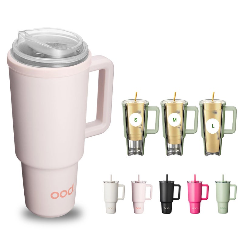 OOD OniVerso 40 oz Stainless Steel Insulated Tumbler with Handle and Straw, Iced Coffee Cup Holder for Disposable Cups, Leak Proof Tumbler, Downtown Blush (Light Pink) - Image 1