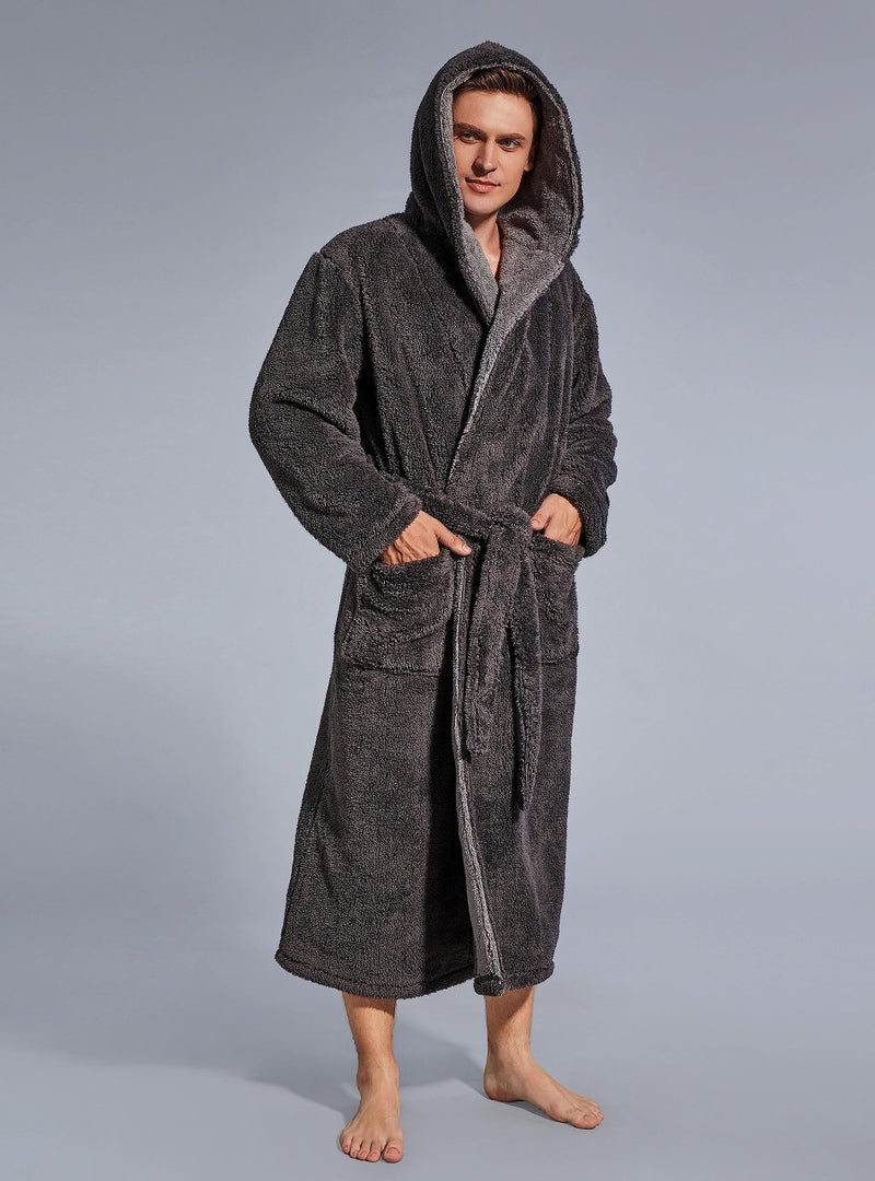 SlumberMee Mens Fleece Plush Robe with Hood Ultra Soft Fluffy Full Length Long with Pockets Luxurious House Coat (Dark Grey, L) - Image 4