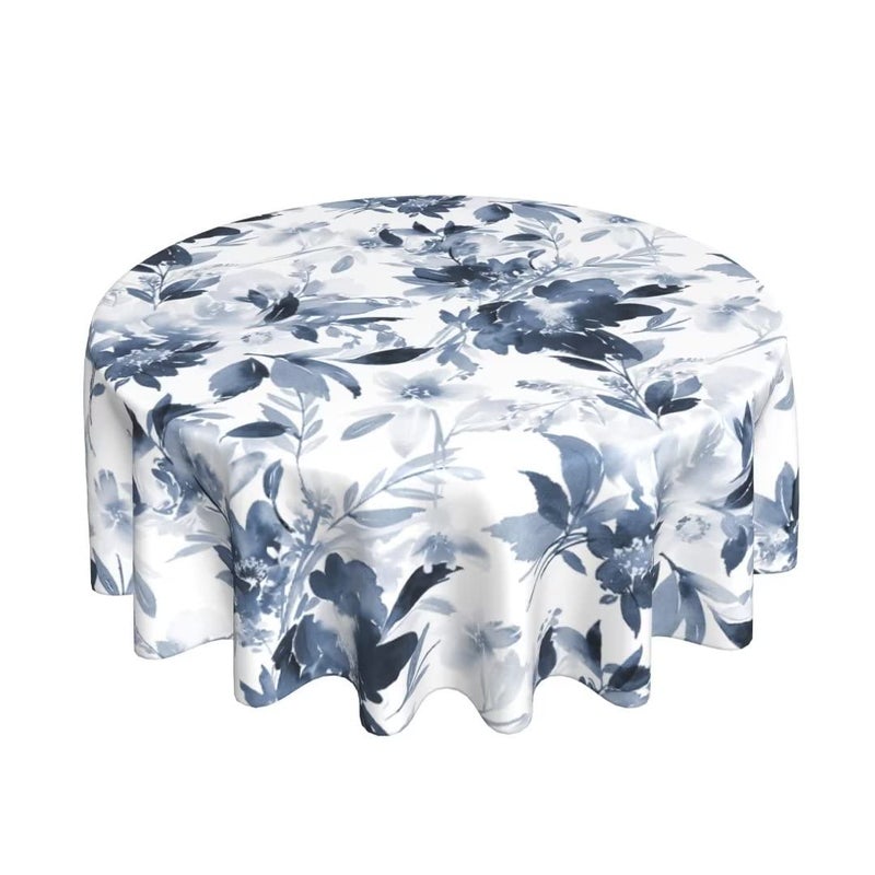 Sunshineyan Navy Blue Floral Tablecloth Round 60 Inch Dark Blue and White Flower Tablecloths Tablecloths Polyester Spring Table Cloth for Holiday Parties Kitchen Dining Indoor Outdoor