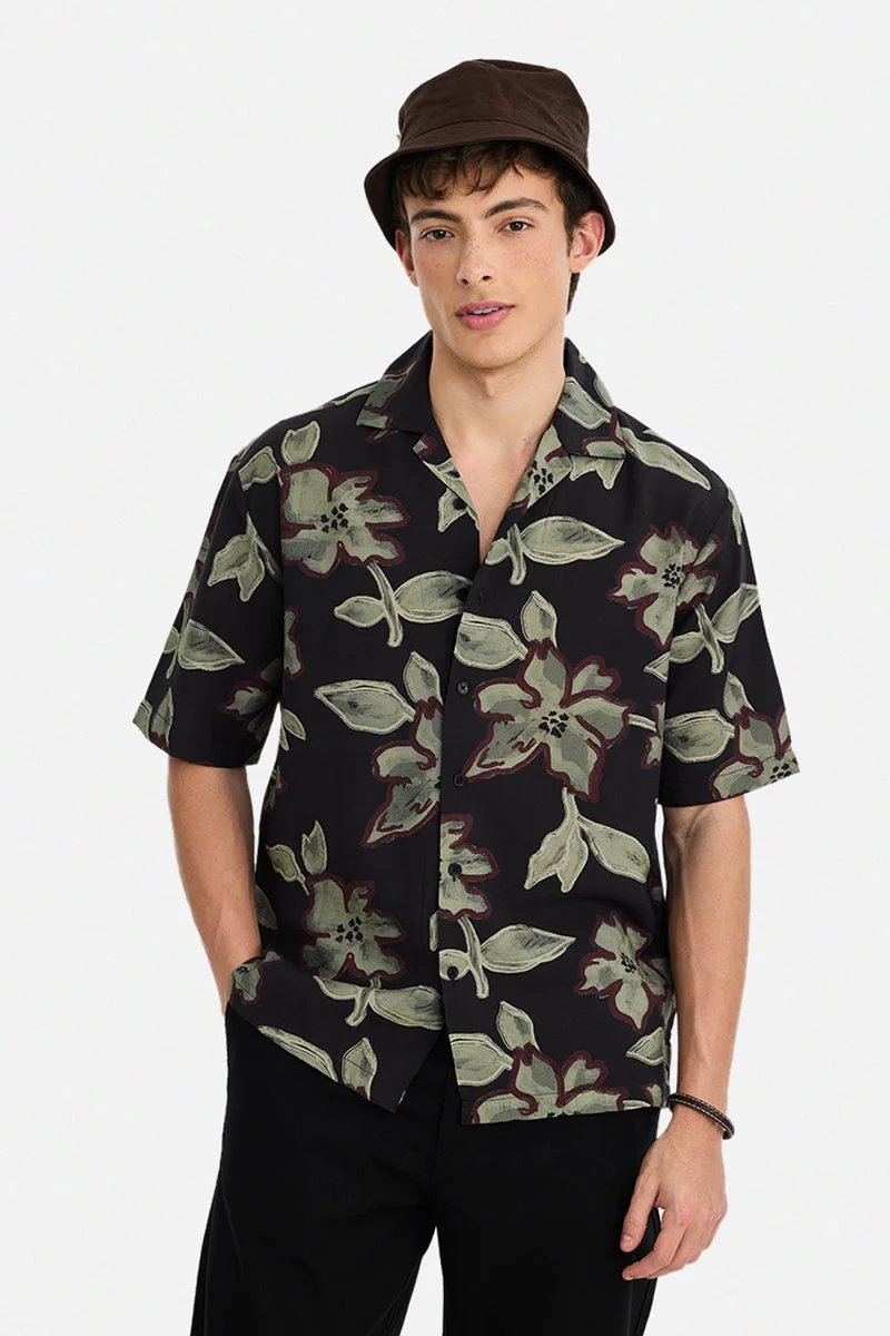 سنيتش Black Floral Half Sleeve Boxy Shirt
