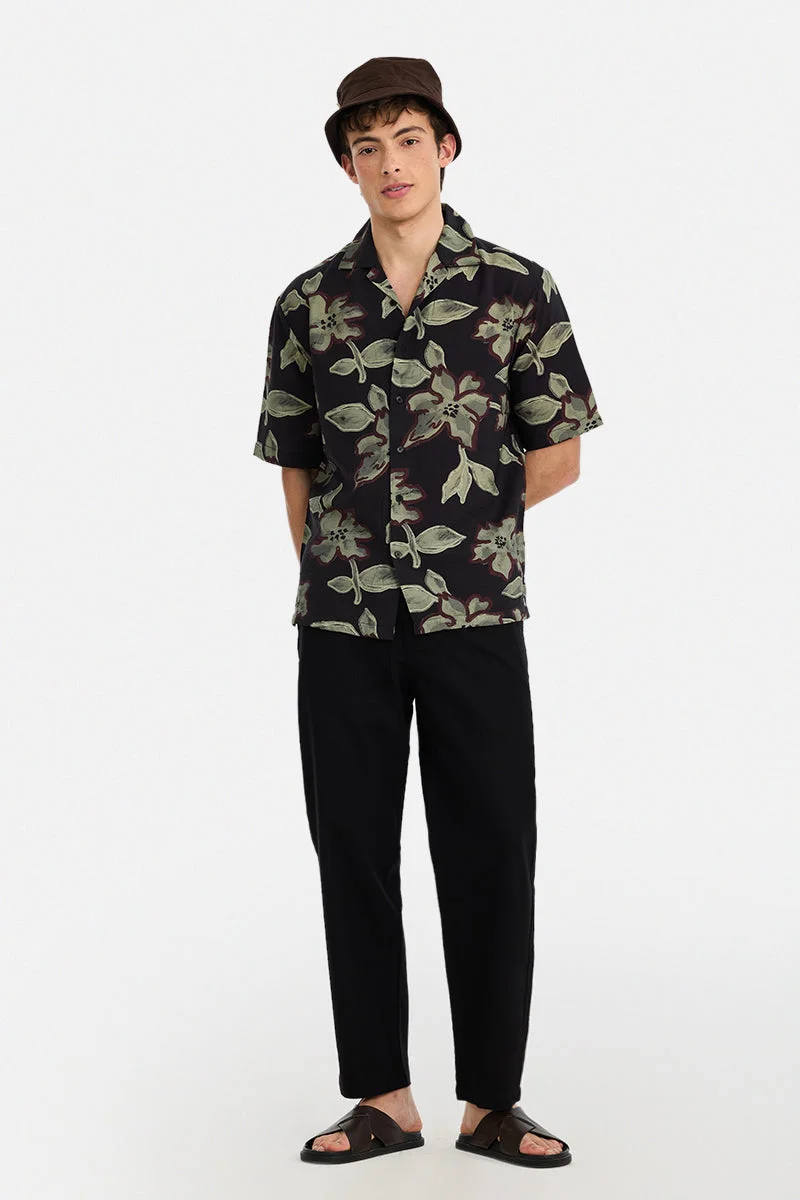 سنيتش Black Floral Half Sleeve Boxy Shirt