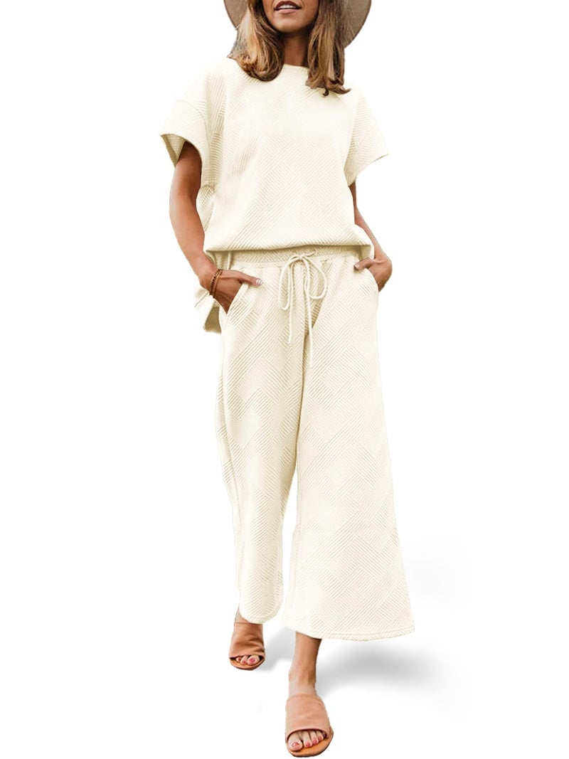 Fazortev Womens 2 Piece Outfits Sweatsuit Short Sleeve Tops and Drawstring Waist Cropped Wide Leg Pants Loungewear Sets - Image 1