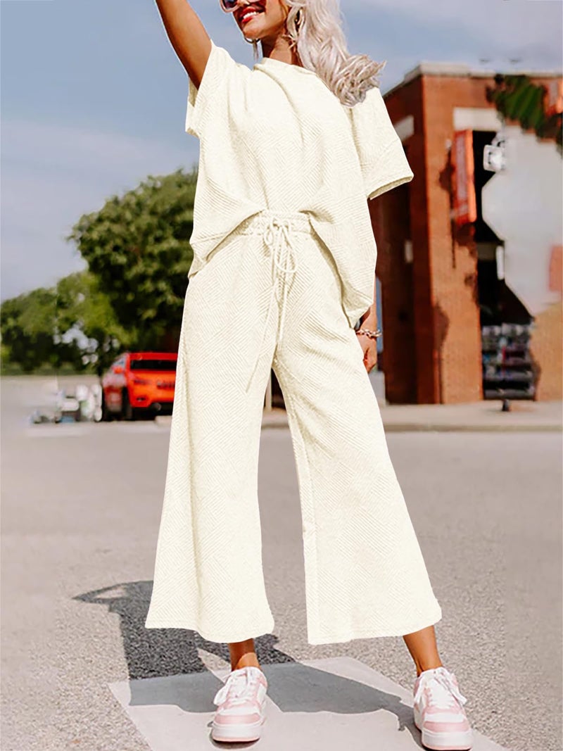 Fazortev Womens 2 Piece Outfits Sweatsuit Short Sleeve Tops and Drawstring Waist Cropped Wide Leg Pants Loungewear Sets - Image 4
