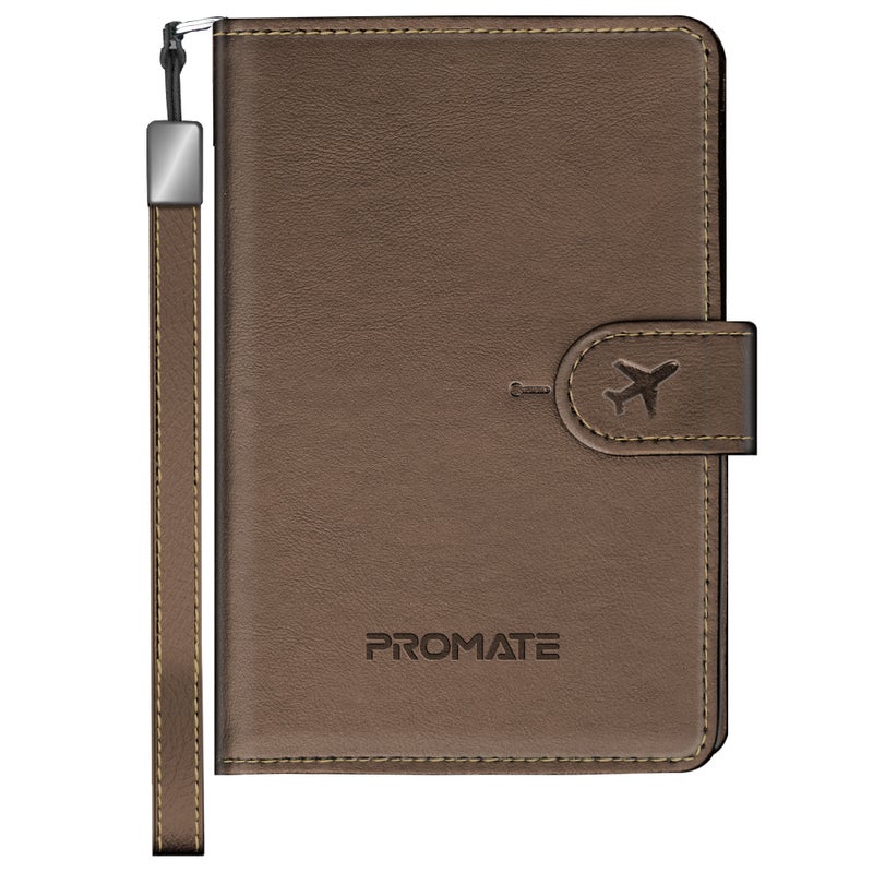 Promate PassMate Smart Leather Passport Holder with RFID Protection, Apple Find My Global Tracker, Wireless Charging, 6-Month Battery, Waterproof Anti-Loss Travel Wallet Organizer Brown - Image 1
