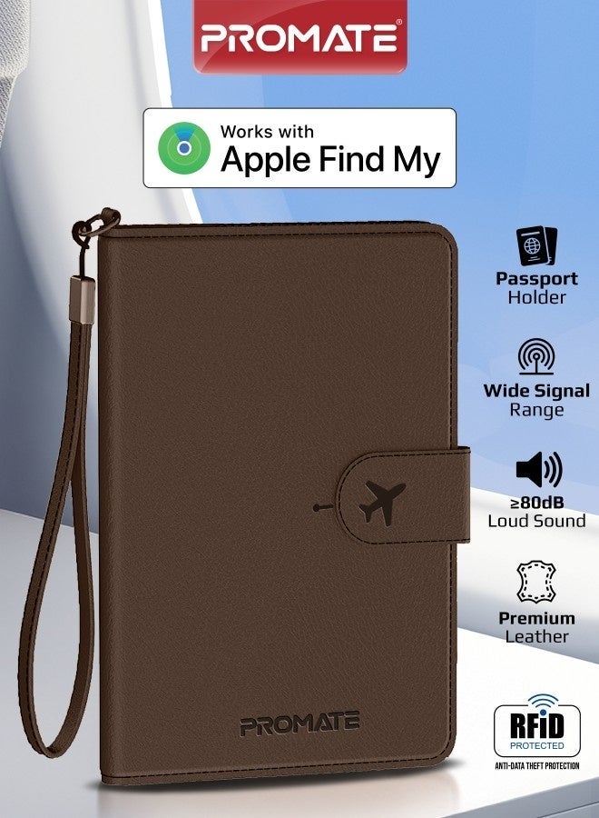 Promate PassMate Smart Leather Passport Holder with RFID Protection, Apple Find My Global Tracker, Wireless Charging, 6-Month Battery, Waterproof Anti-Loss Travel Wallet Organizer Brown - Image 1