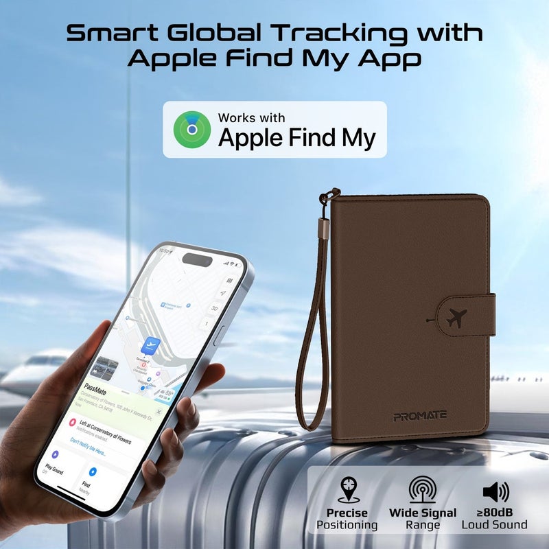 Promate PassMate Smart Leather Passport Holder with RFID Protection, Apple Find My Global Tracker, Wireless Charging, 6-Month Battery, Waterproof Anti-Loss Travel Wallet Organizer Brown - Image 2