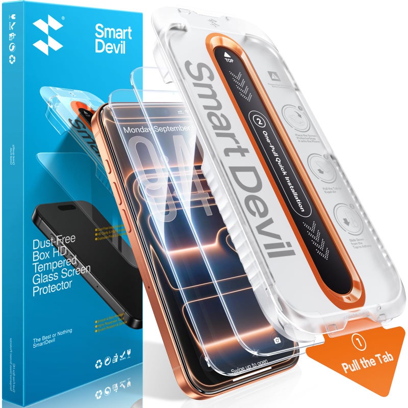 SMARTDEVIL 2 Pack Screen Protector for iPhone 17 Pro, 9H Hardness Military Grade Shatterproof HD Clear Tempered Glass, Easy to Install, Auto Bubble-Free and Dust-Free Box, Case Friendly - Image 1