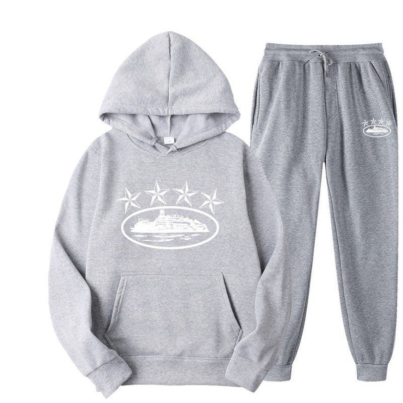 Cross-border Foreign Trade Corteiz Trendy Street Loose suit Womens Hip-hop Skateboard Five-pointed Star Magic Island Fashion Sweatshirt light gray white word 