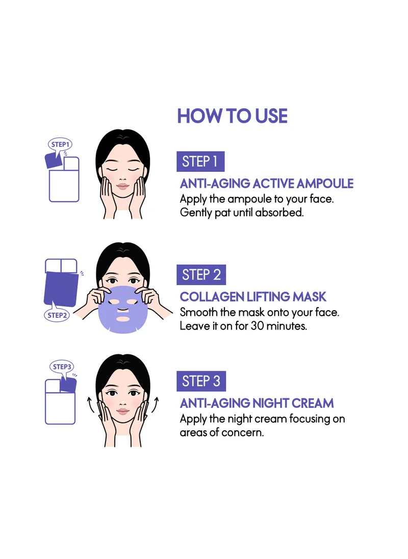 ELLE ELLE Anti-Aging Collagen Lifting Mask 3-Step Care Kit - Hydrating Ampoule, Firming Sheet Mask, Night Cream - Wrinkle Reduction, Skin Elasticity, Deep Moisturizing, Brightening, All Skin Types,  Pack of 4