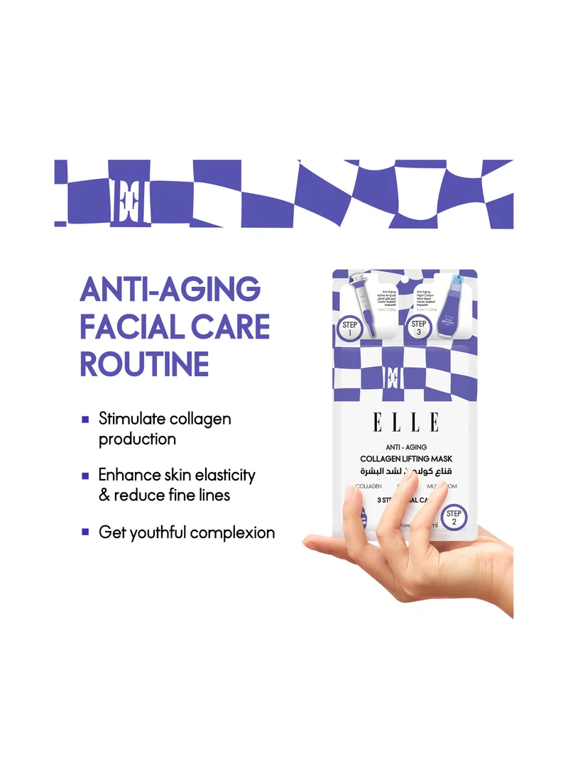 ELLE ELLE Anti-Aging Collagen Lifting Mask 3-Step Care Kit - Hydrating Ampoule, Firming Sheet Mask, Night Cream - Wrinkle Reduction, Skin Elasticity, Deep Moisturizing, Brightening, All Skin Types,  Pack of 4