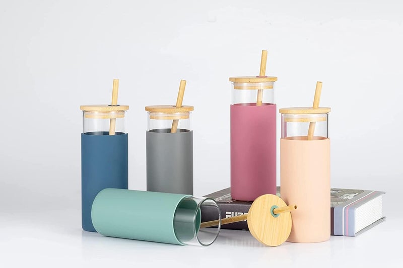 apsara kitchenware Glass Tumbler with Straw Removable Silicone Sleeve Bamboo Lid BPA Free Water Bottle Travel Cup Assorted Colour 250ml - Image 1