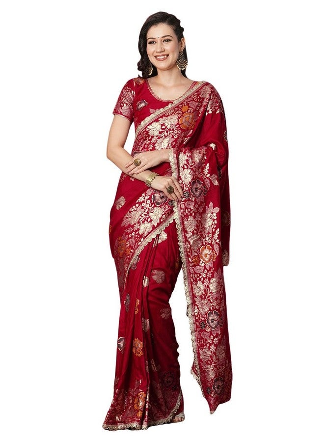 Satrani Women's Cotton Silk Banarasi Jacquard Saree with Unstitched Blouse Piece (4067S6420N_Red) - Image 1