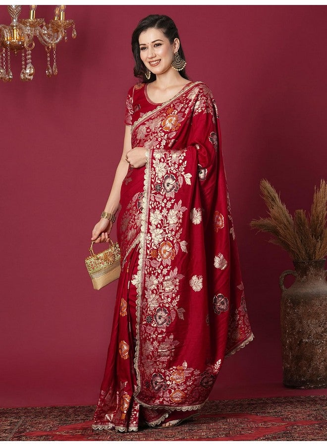 Satrani Women's Cotton Silk Banarasi Jacquard Saree with Unstitched Blouse Piece (4067S6420N_Red) - Image 2