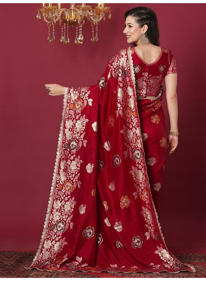 Satrani Women's Cotton Silk Banarasi Jacquard Saree with Unstitched Blouse Piece (4067S6420N_Red) - Image 3