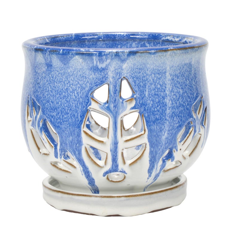 w w W&W Orchid Pot with Holes and Saucer for Repotting and Better Grow, Blue and White, 6.5 Inches - Image 2