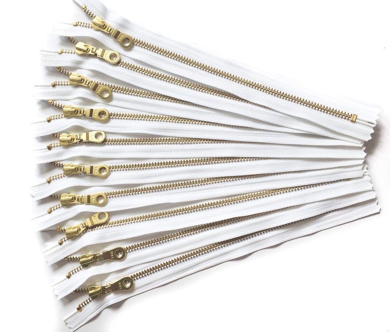 YKK Gold Metal Zippers in White with Donut Pulls 8 Inch Number 5 Set of 12 Pieces by Craftbot