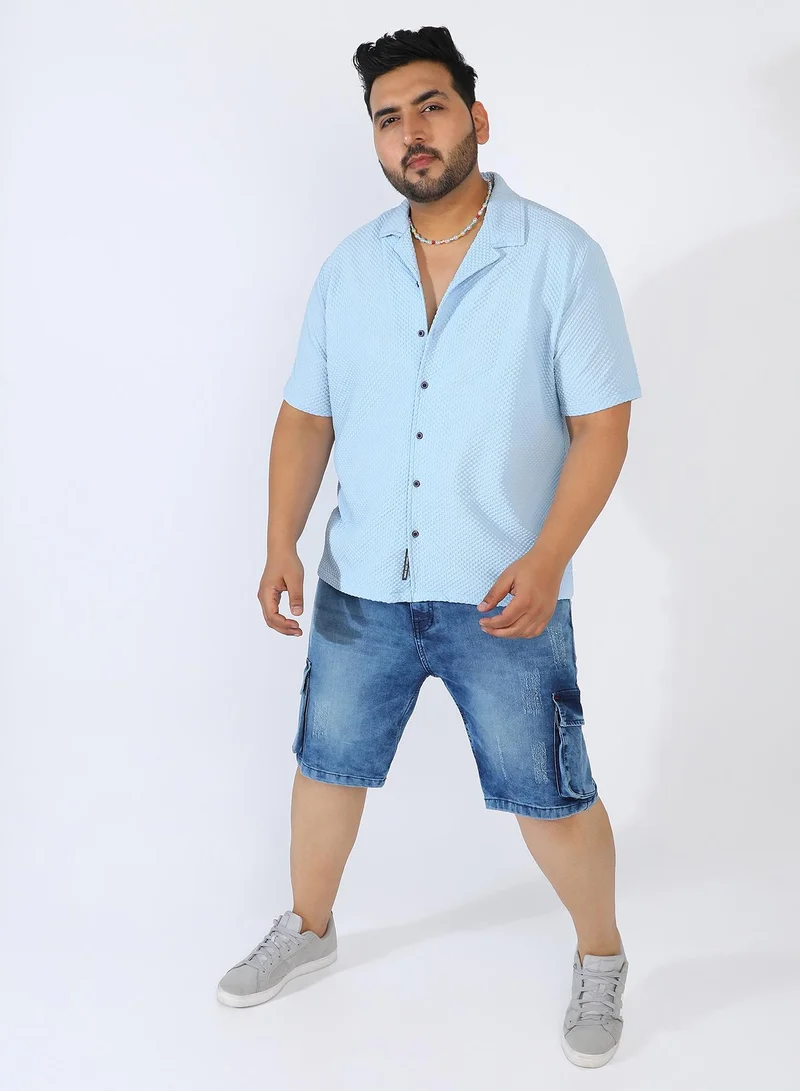Instafab Plus Men's Light Blue Self-Design Block Shirt