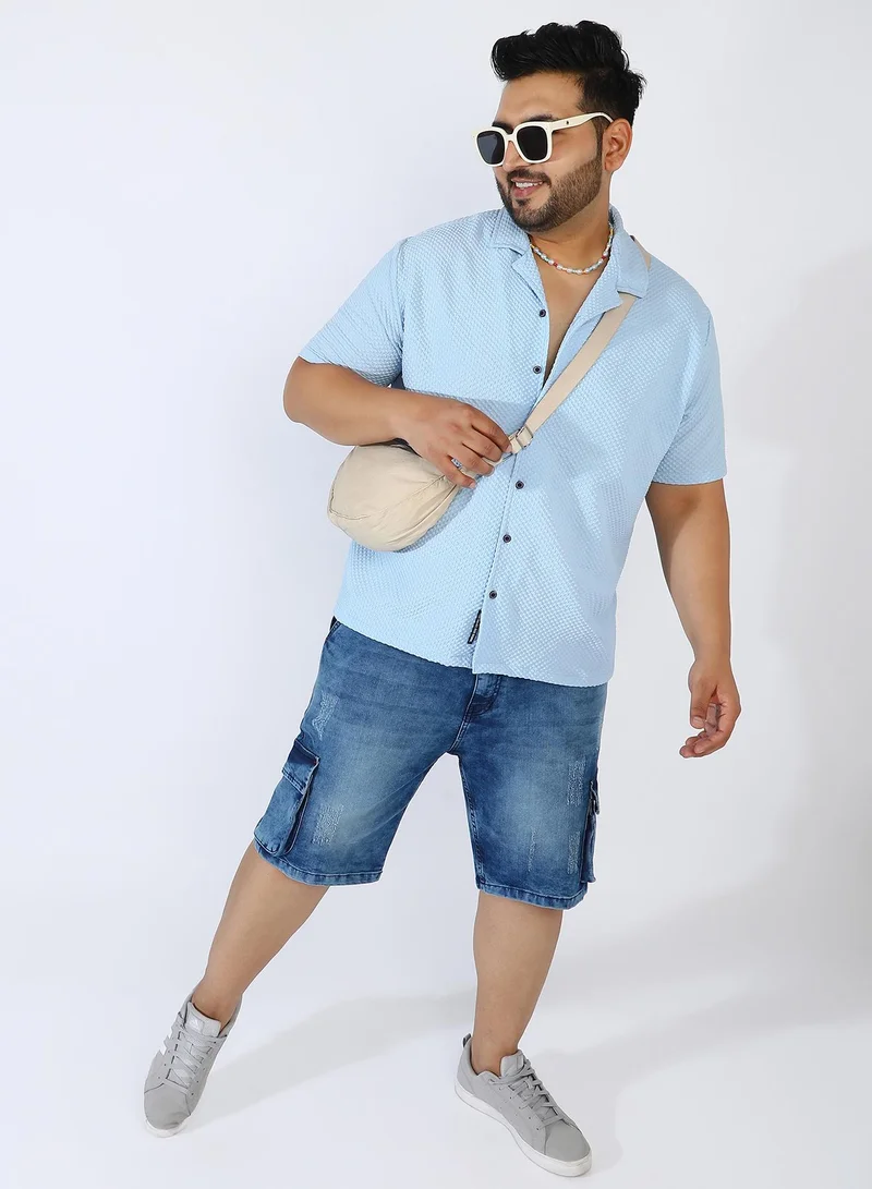 Instafab Plus Men's Light Blue Self-Design Block Shirt