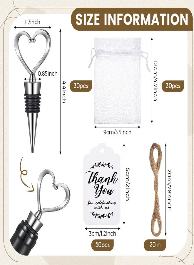 روموا 30 قطعة من سدادات زجاجات النبيذ على شكل قلب، سدادات زجاجات نبيذ فضية اللون، سدادات زجاجات شمبانيا وبيرة، 50 ملصقًا أبيض من ورق الكرافت، 30 كيسًا شفافًا مع خيط، هدايا زفاف، زينة عيد الحب - Image 2
