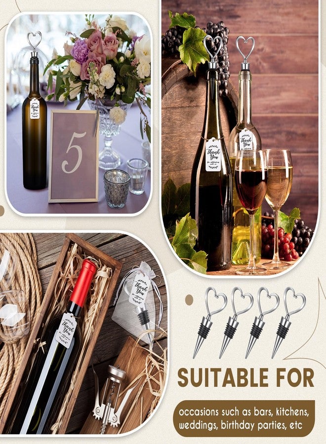 روموا 30 قطعة من سدادات زجاجات النبيذ على شكل قلب، سدادات زجاجات نبيذ فضية اللون، سدادات زجاجات شمبانيا وبيرة، 50 ملصقًا أبيض من ورق الكرافت، 30 كيسًا شفافًا مع خيط، هدايا زفاف، زينة عيد الحب - Image 5