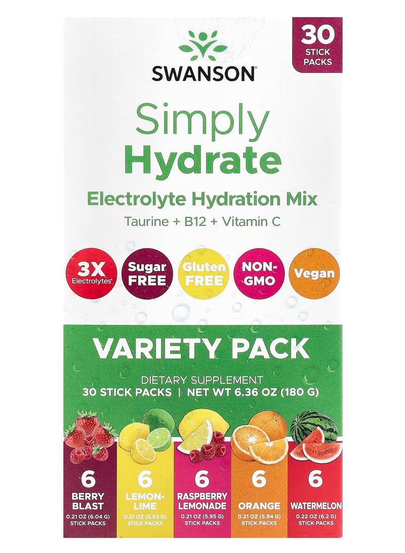 Swanson, Simply Hydrate, Electrolyte Hydration Mix, Variety Pack, 30 Sticks Packs, 6.36 oz (180 g)