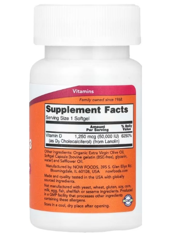NOW Foods, Vitamin D-3, Max Potency, 50,000 IU, 12 Softgels - Image 2