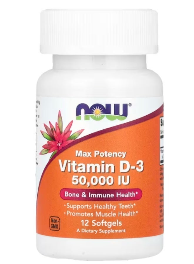 NOW Foods, Vitamin D-3, Max Potency, 50,000 IU, 12 Softgels - Image 1