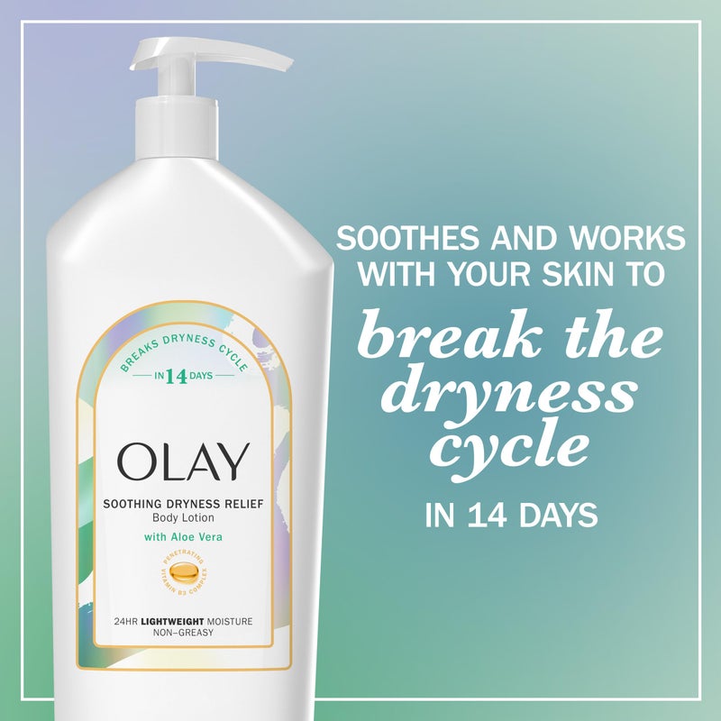 Olay Body Lotion for Women, Soothing Dryness Relief, 24hr Moisturizing & Deep Hydration, Absorbs Instantly, Penetrating Vitamin B3 Complex, For All Skin Types, Aloe Vera Scent, 18 fl oz - Image 3